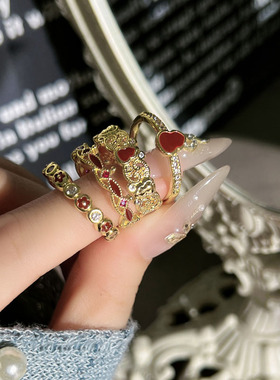 倾城红颜新款复古红色葫芦花朵戒指女小众叠戴简约轻奢气质食指戒