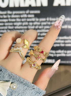 中古风轻奢镂空蕾丝叶子个性月光石戒指女皇冠冷淡风时尚百搭指环