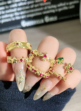 2026新年款金色玫红钻开口戒女荆棘花朵星星多层叠戴指环网红同款
