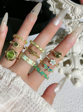 珐琅滴釉戒指女洋气小众设计高级感独特清新橄榄绿开口指环新品潮