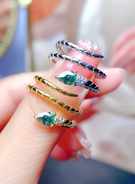 轻奢水滴绿色锆石蛇形开口戒指女ins简约时尚个性缠绕灵蛇食指环