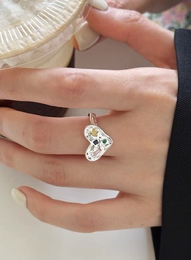 不规则爱心彩钻锡纸纹理开口戒指女轻奢小众ins简约高级感食指戒