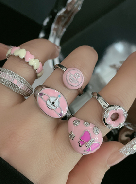 戒指女土星字母爱心粉色滴釉开口戒女甜酷小众设计感轻奢百搭指环