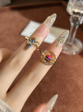 星空系幻彩宇宙个性潮酷星球开口戒指女小众设计感气质百搭食指戒