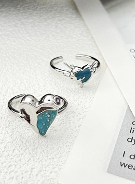 小清新蓝色不规则爱心滴釉开口戒指女简约时尚甜酷小众设计感指环