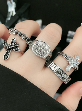 欧美暗黑十字架土星复古做旧开口戒指女ins冷淡风小众男友风指环