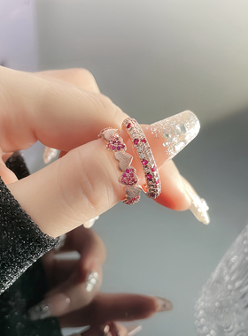 复古拉丝爱心玫红色锆石时尚开口戒指女小众冷淡风轻奢高级感指环