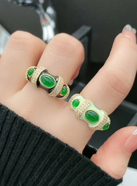 轻奢小众设计宫廷复古滴釉仿祖母绿开口戒指女高级感个性潮酷指环
