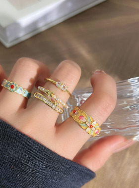 国风鎏金彩釉轻奢时尚蝴蝶排钻开口戒指女元气少女甜美叠戴指环潮