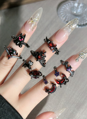 血色月光暗黑哥特少女风幽灵蝙蝠造型开口戒指小众潮酷中性风指环