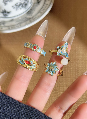 中古油画风精致蓝色渐变花朵滴釉开口戒指女轻奢叠戴气质时尚指环