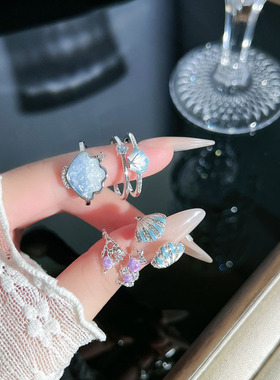 夏日海洋系列蓝色珐琅贝壳开口戒指女小众设计感跨境个性时尚指环