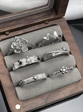 甜酷小众设计感花朵蝴蝶港风时尚开口戒指女线条拉丝百搭精致指环