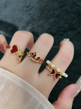 温柔蝴蝶结爱心安可拉红色珐琅戒指女ins冷淡风高级感轻奢食指戒