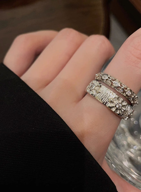 法式简约个性两件套拉丝开口戒指女冷淡风精致满钻叠戴食指环潮酷