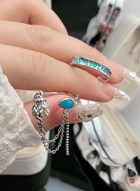 个性小众蓝色滴釉海螺链条戒指女高级感冷淡风字母简约百搭配饰潮