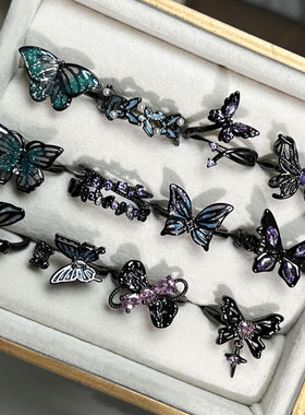 巴洛克暗黑风创意精致紫钻珐琅蝴蝶戒指中性风朋克辣妹个性指环潮