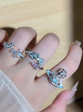 流光星钻个性蓝色珐琅气质星球蝴蝶开口戒指女简约百搭冷淡风指环