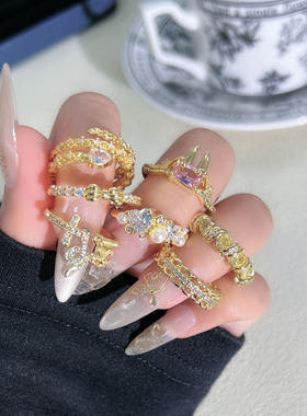 韩版潮流混搭气质甜酷几何微镶开口戒指女轻奢高级感冷淡风食指戒