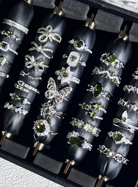 韩版小清新橄榄绿钻时尚戒指女不规则蝴蝶结气质几何高级感食指戒