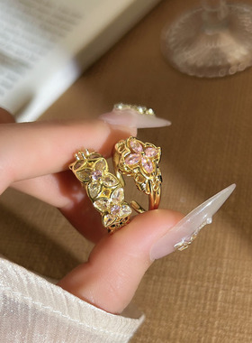 花语柔光甜酷粉钻四叶草轻奢气质开口戒指复古温柔少女冷淡风指环