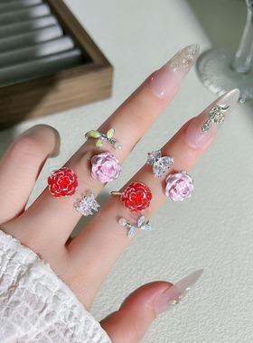 裸粉蔷薇法式温柔风优雅花朵时尚戒指女小众玫瑰叠戴精致甜酷指环