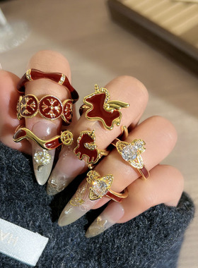 爆款新年氛围感红色滴釉小马个性开口戒指女高级感土星质感食指戒