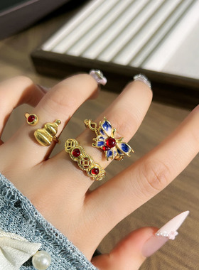 宫廷风精致拉丝葫芦复古轻奢戒指女渐变蝴蝶甜酷高级感独特食指戒