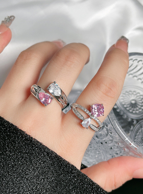 欧美ins风甜美可爱夸张粉钻锆石戒指女开口可调节简约满钻食指戒