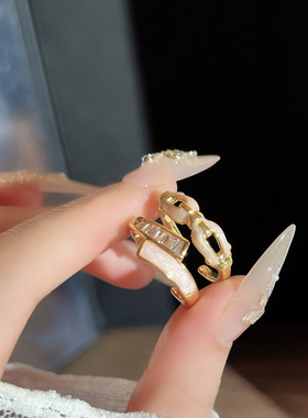 新中式贝母鎏金柔雾感时尚叠戴复古开口戒指女皮带扣葫芦叠戴指环