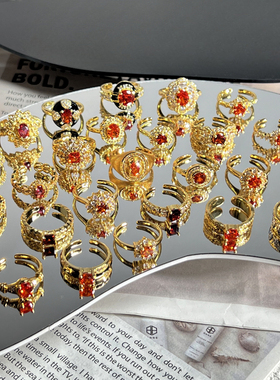 复古法式高级感小众红色镶钻锆石开口戒指女甜酷几何时尚精致指环