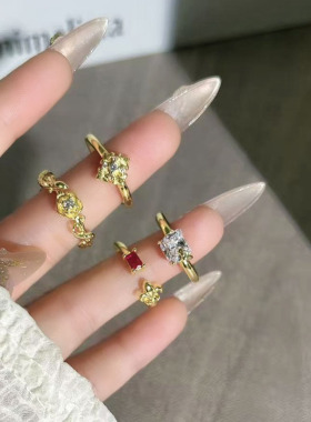 鎏金蜜糖甜酷猫咪复古老钱风拉丝花朵戒指女气质时尚轻奢小众指环