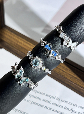 新款小众高级感蓝色锆石蝴蝶情侣戒指女轻奢百搭清冷感简约食指戒