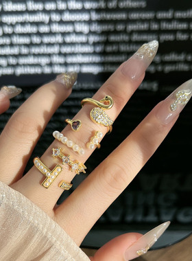 韩系新款微镶珍珠精致甜酷轻奢戒指女ins冷淡风小天鹅叠戴指环潮