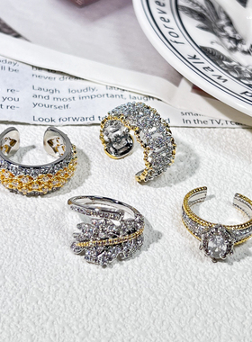 春季新款双色重工满钻复古开口戒指女轻奢高级感宫廷风气质食指戒