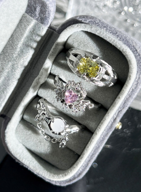 韩版轻奢粉钻爱心甜酷精致开口戒指女月光石链条百搭时尚食指戒潮