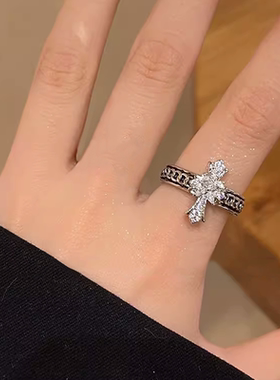 暗黑潮酷十字架锆石开口戒指女ins小众设计高级感冷淡风新款指环