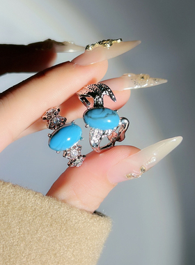 欧美ins绿松石不规则肌理戒指女蛋面朋克个性百搭潮酷小众食指戒