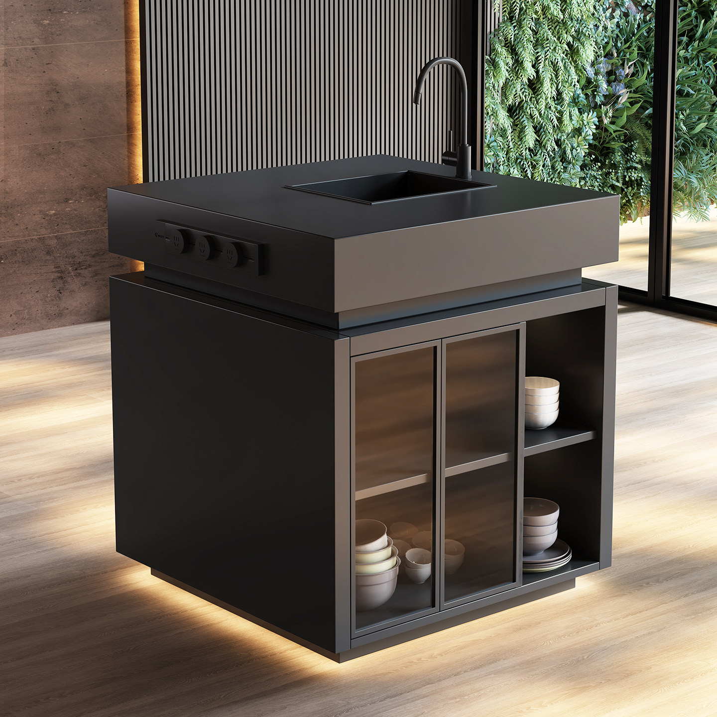 纯黑哑光岩板岛台柜单独可移动玻璃柜门多功能储物柜可定制餐边柜,淘宝优惠券,粉丝福利购,淘宝优惠卷