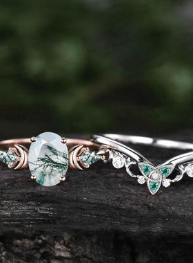 玫瑰金白金绿色苔藓玛瑙戒指风筝