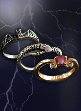 暗黑蝙蝠银蛇心形堆叠三个戒指
