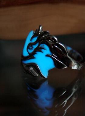 银色龙指环蓝色夜光发光戒指纯银