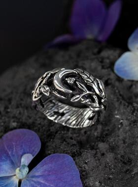 纯银星空钻石镶嵌新月叶子戒指