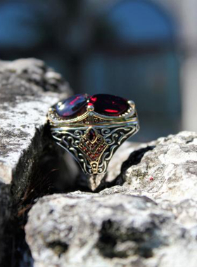 纯银复古深红色红宝石戒指镶嵌