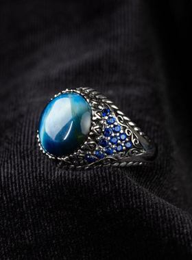 男纯银复古蓝色虎眼石宝石戒指