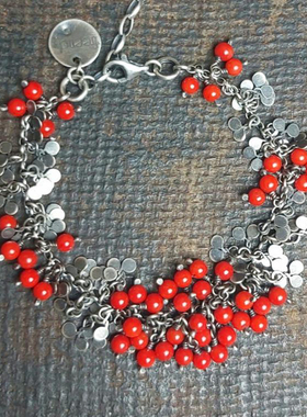 纯银波西米亚天然红色珠银叶手链