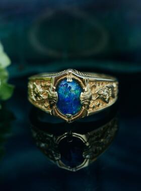 砾石火蛋白石宝石纯金订婚戒指