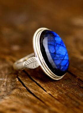 叶子天然拉长石蓝色宝石纯银戒指