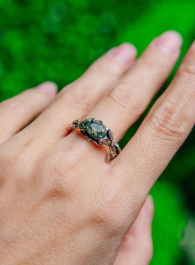 女纯银复古苔藓玛瑙宝石戒指镶嵌