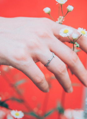 纯银森林银色自然树枝叶子戒指